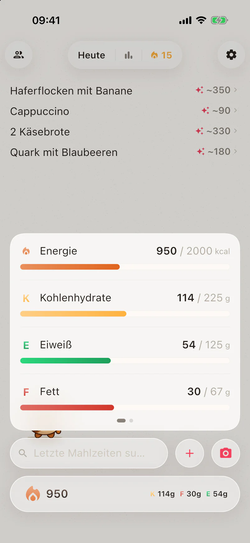 Energie, Kohlenhydrate, Eiweiß und Fett von heute als Balken im Verhältnis zum Tagesziel