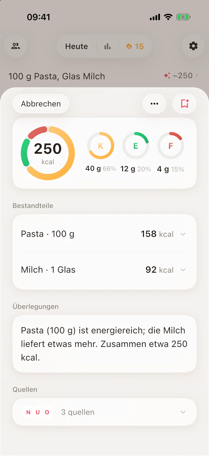 Noots mit einer geöffneten Schätzung: 250 kcal für 100 g Pasta und ein Glas Milch, mit Makros, Begründung und Quellen