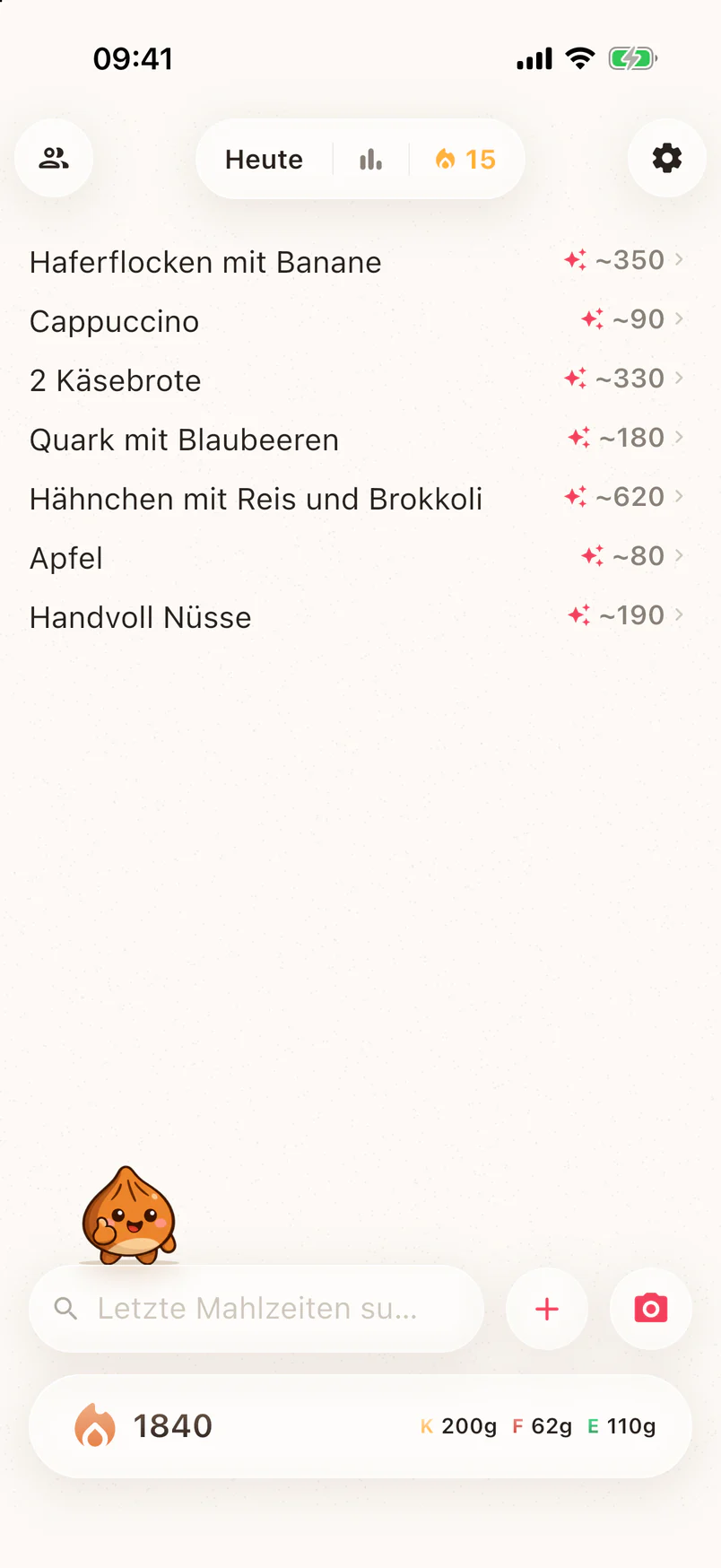 Das Noots-Notizbuch mit den Mahlzeiten eines Tages und ihren geschätzten Kalorien