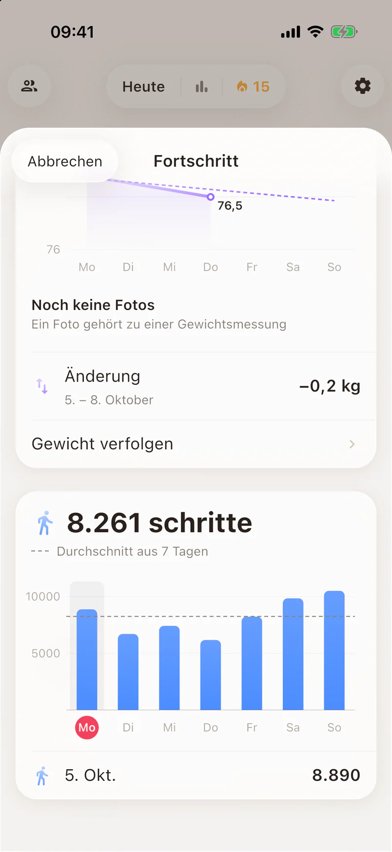 Schritte diese Woche: durchschnittlich 8261 pro Tag, mit einem Balken pro Tag