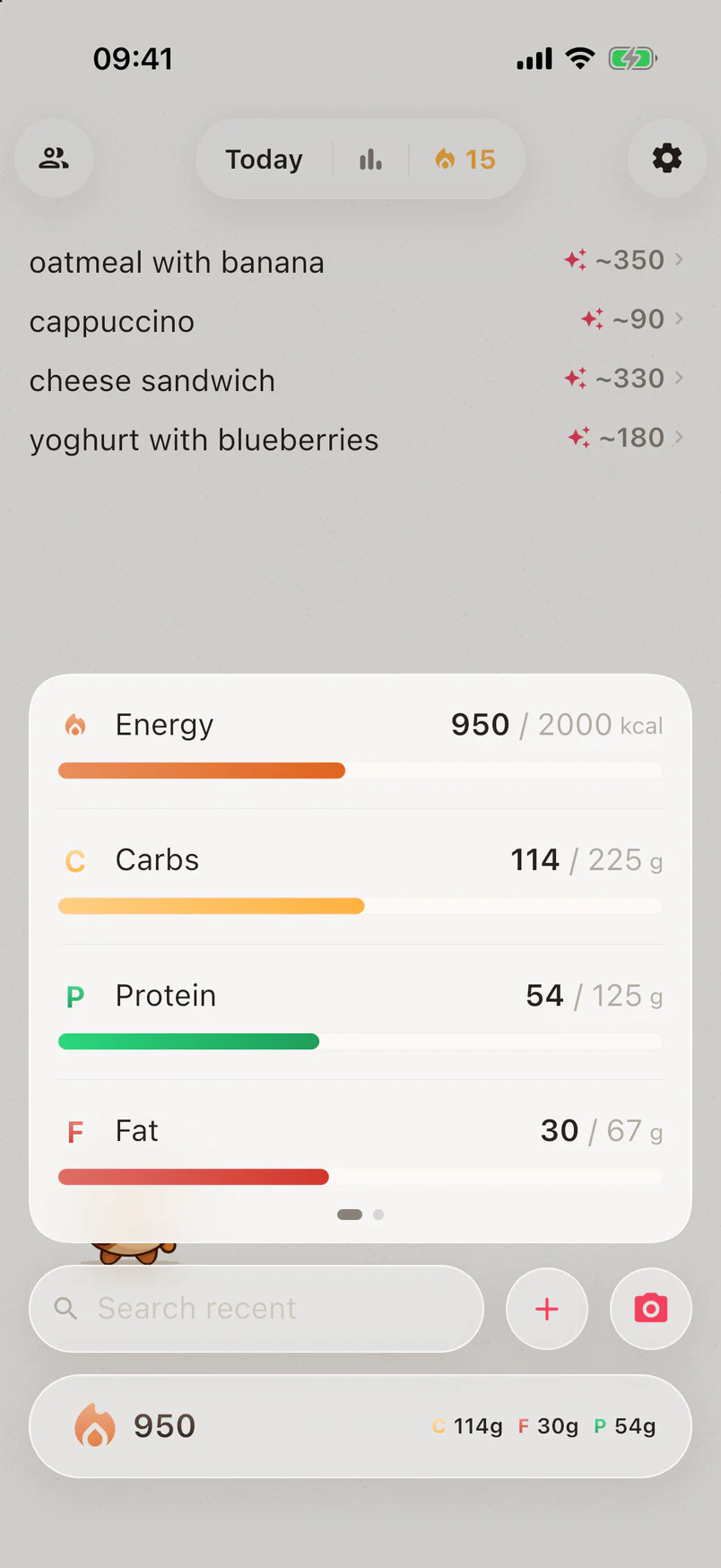 Today’s energy, carbs, protein and fat as bars against the daily goal