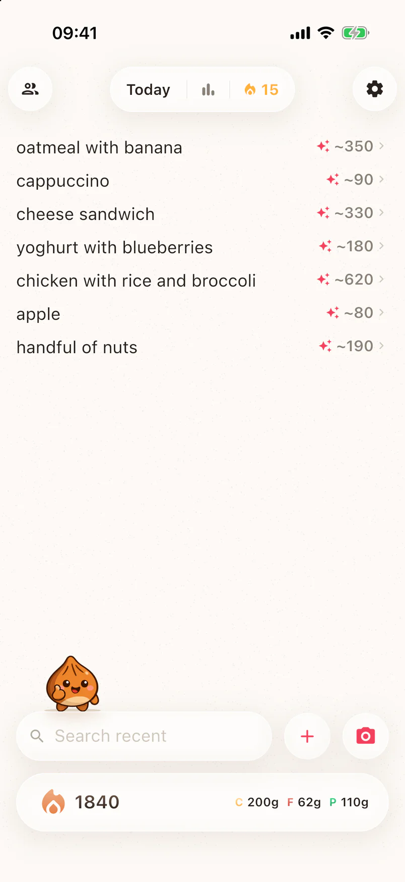 The Noots notebook with a day of meals and their estimated calories