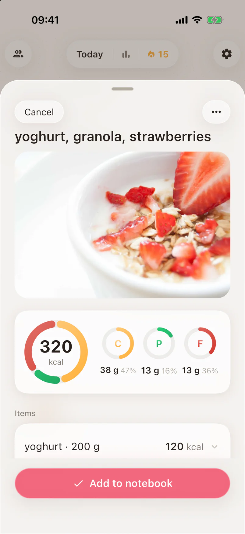 A photo of a bowl of yoghurt with granola and strawberries, with the 320 kcal estimate below it