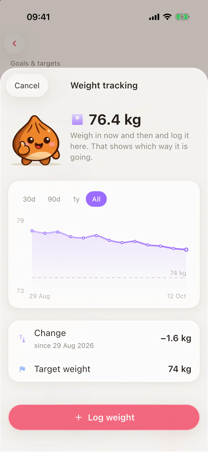 The weight screen with the current weight and the trend line towards the target