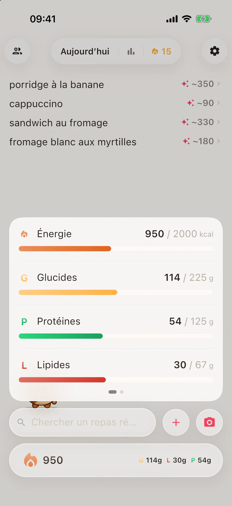 L’énergie, les glucides, les protéines et les lipides du jour en barres face à l’objectif