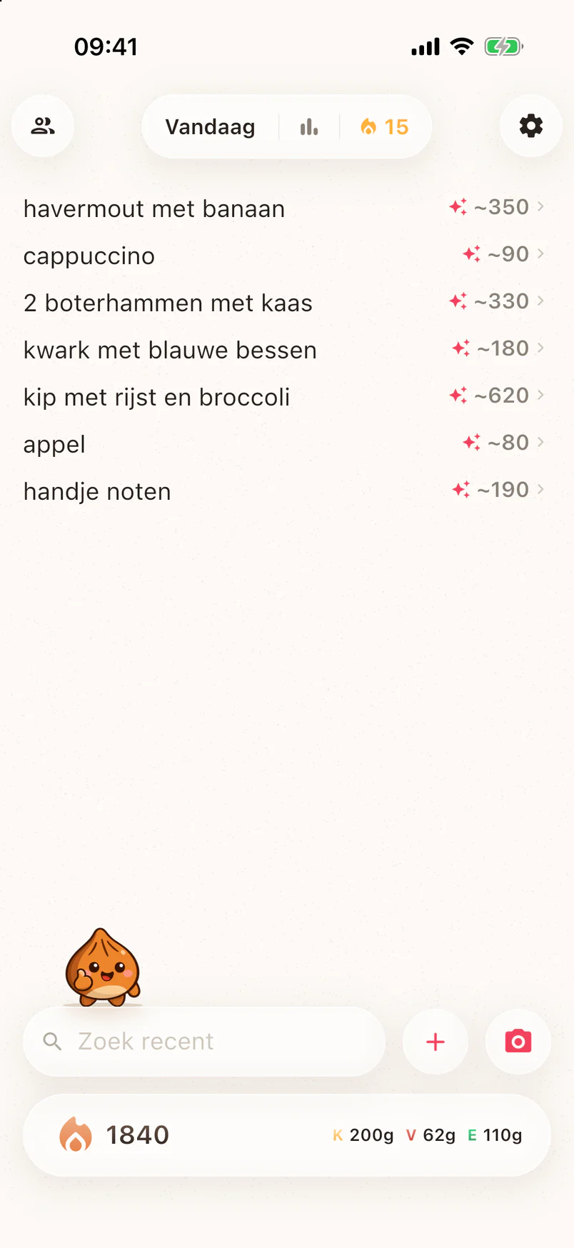 Het Noots-notitieblok met een dag aan maaltijden en hun geschatte calorieën