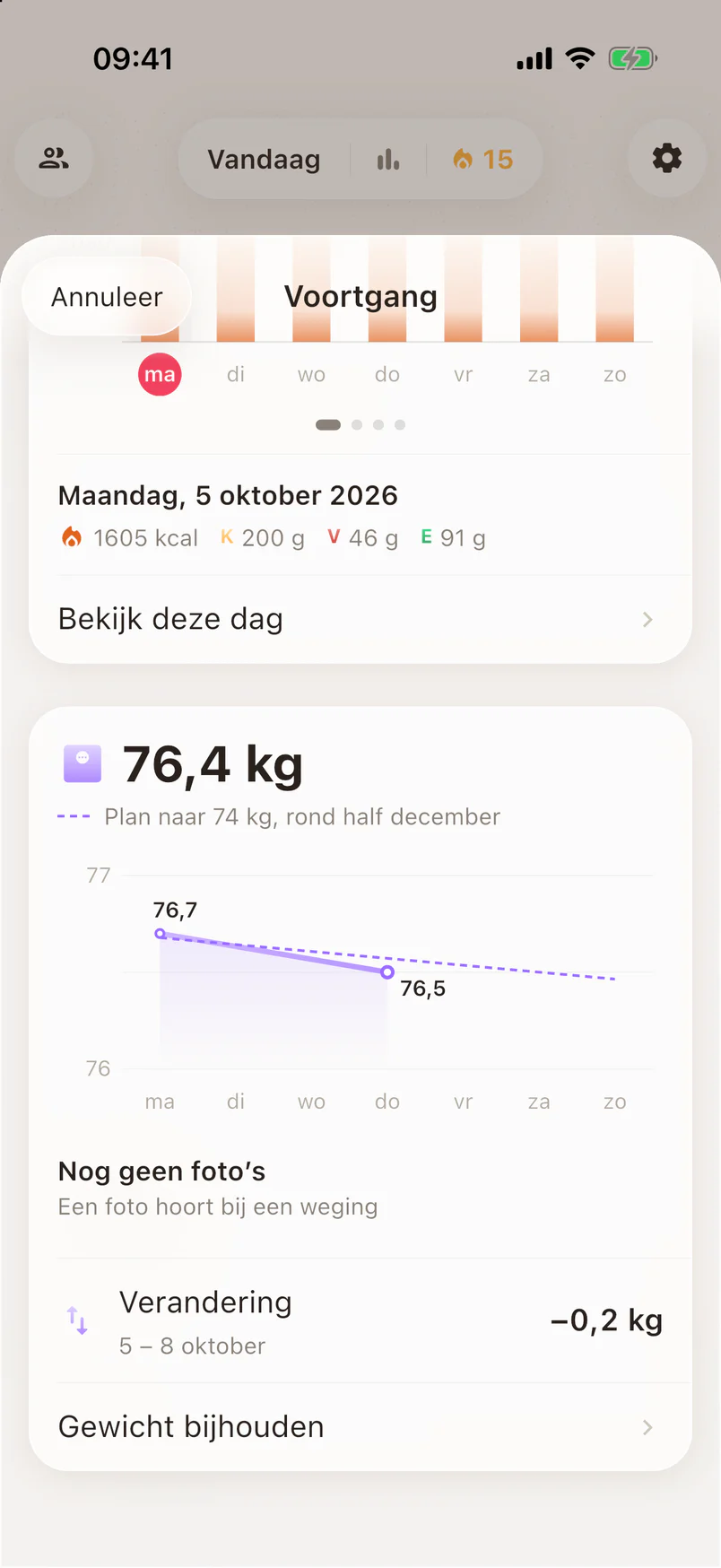 Gewicht: 76,4 kg, met de lijn van deze week en het plan naar 74 kg rond half december