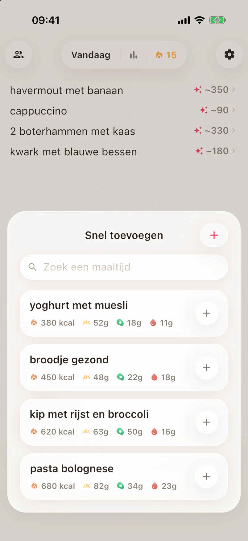 De lijst met opgeslagen maaltijden